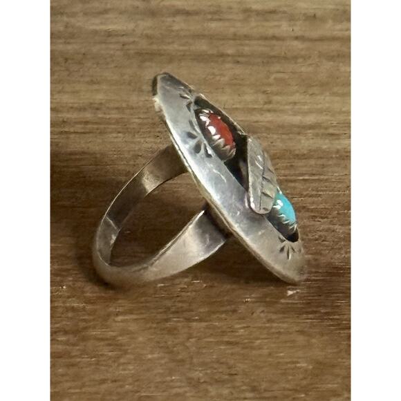 Vintage Navajo Native American Sterling Silver Coral & Turquoise Leaf Ring Sz 7 - Picture 3 of 6